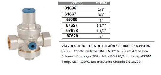 Valvula Reduc Reg Redux-Ge 25Bar 1 1/4"