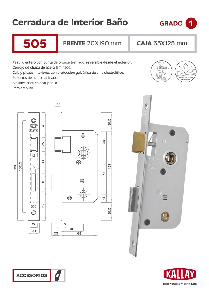 Kallay  505 Cerradura Embutir Liv. Baño Inox. Pta Cuad