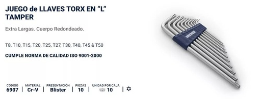 [56190] Llaves Tamper Torx L Largas X 10 Pz (T8 - T50)
