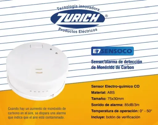 [62725] Sensor De Monoxido De Carb 75x30mm Alarma 85db/3m- Zurich