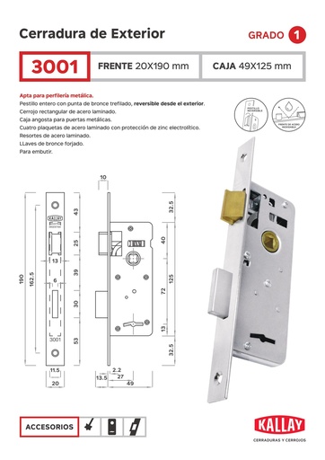 [57794] Kallay 3001 Cerradura Embut Liv Ac Inox Pta Cuadrada