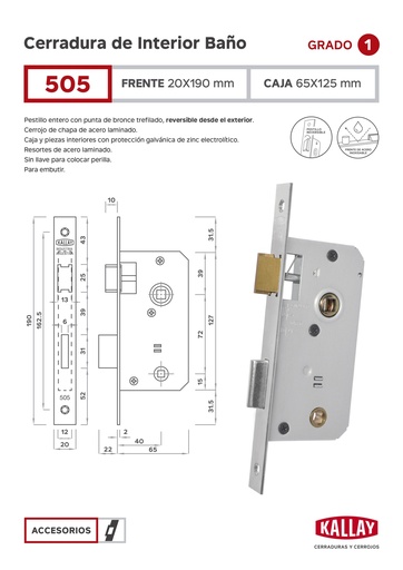 [61108] Kallay  505 Cerradura Embutir Liv. Baño Inox. Pta Cuad