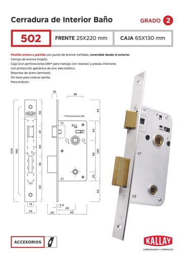 [61447] Kallay  502 Cerradura Embutir Ref. Baño H NiPta Cuad